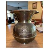 Vintage Redskin Brand Chewing Tobacco brass spittoon filled with campaign and other buttons…..9”D x 10-1/4” tall