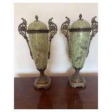 Vintage French Ceramic Metal Covered Floral Green Tall Urn Decorative Jar