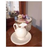 Vintage Goldsmiths Gold Striped Hat Box and 9.5x9 Pitcher and Basin