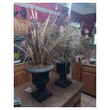 Two urn style vases 15" tall, thirty nine inches with floral arrangement.