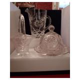 3 pieces mixed crystal and glassware: covered Butter Bowl 8x6.5, Crystal Basket 8.5" Germany and Starcof David Pitcher