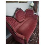 Burgundy, Victorian Rosewood Settee 72X42X32. See photos. Some bottom trim in front is loose and a piece of wood on rose is missing. Just needs lint rolled from cat hair.