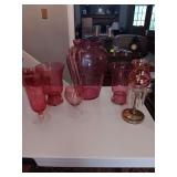 6 pieces of glass..13.5" and two 9" solid cranberry vases, 2 cut crystal vases and a 11.5" crystaled brass candleholder