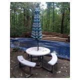 Lifetime table with umbrella and three curved benches