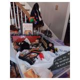 Tote with 4 Halloween Witch dolls and miscellaneous decor. See photos