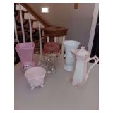 Mixed vintage pieces. Pink milk glass,  white milk glass vase, vintage lamp, 7.5" McCoy pink vase, and pitcher and cup. See photos