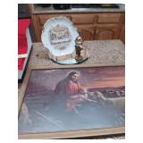 3 pieces decor. Picture, Plate and Brass Insence Burner