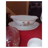 Group of miscellaneous China and glass pieces. Pink crystal candles, Moss Rose China, shaving cup.