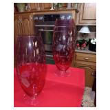 11.5" Cranberry Etched Vases, very pretty MCM Bohemian Czech Art Glass footed Crandberry Vase