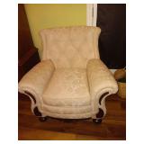 Cream Damask Chair with wood. 36x34..Cats have pulled some at sides