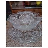 14" American Brilliant Cut Sawtooth Punch Bowl with 18.5" Underplate and 8 mixed cups