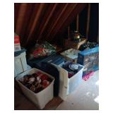 Large grouping of Christmas..many totes..wreath, train and mixed decor
