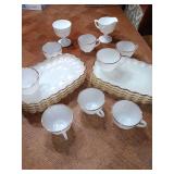 Set of 8 vintage gold rimmed milk glass snack set and milk glass 2 piece grape leaf set
