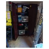 Brown metal cabinet with four shelves and contents.  See photos 65x36x18