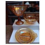 3 pieces glassware; Iridescent Gold Harvest Grape Compote 8.5x 8.25, Sunflower Bowl 7.25x3 and Nut Bowl 8.25-few small chips on edges as shown.