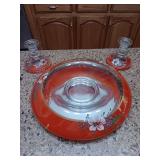 Orange hand painted Floral Candleholders and a Rolled Rim Condole Bowl 12.5"