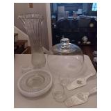 Group of glassware. 16" Pretty Vase, heavy dome cake plate cover, 2 vintage servers, 3 candleholders  and 4 hob nail opulescent white 8.25" plates