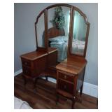 Antique vanity with tri-fold mirror. Drawers open and close smoothly. 51x20x70