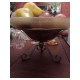 Large Amber Bowl with metal base fruit included 18X9.