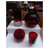 6 5" Ruby Red Flash Diamond Pitcher, 5.5 and 3" Vases and 4 Cristal d