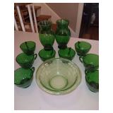 Two 6" Kelly Green vases and 8 punch cups..1 Vaseline 6.75x3 Bowl