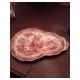 Red Transfer Ware cup and snack plate set. Cup has a chip as shown.. stand is included.