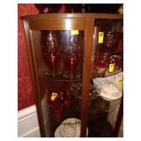 Antique 4 legged curved Curio Cabinet, 3 glass shelves -wood on bottom 35 X56.5 X14.5.