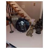 Miscellaneous decor including a 14" Brass Vase, 7" Brass German Shepherd, 11 Urn