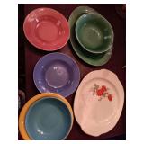 Vintage tableware pieces. Green has crazing, rose platter has some discoloration and 3 bowls.. The right front has a chip as shown.