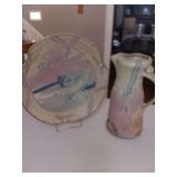 2 piece vintage pastel floral pottery set...plate and pitcher...can