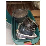 Tote of enamelware, pots and pans and misc.