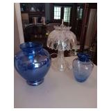 2 Pretty Blue Vases 8.5" and 6", and a 14" Vintage Cut Glass Lamp