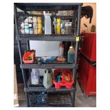Black plastic shelving with all contents. 36x70x18