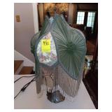 Nice Vintage Lamp. Green and floral with beaded fringe.