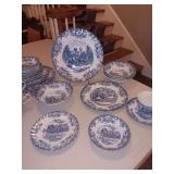 Johnson Brothers Blue Coaching Scene pattern. 7 piece place setting of 4. 1cup missing..27 pieces total.