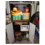 Metal 3 door rolling cabinet with contents. inside only .26x61x22
