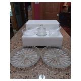 Grouping of glassware. Butter, serving utensil rest and divided relish, nut bowls