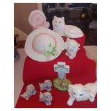 Group of miscellaneous decor with several cats.