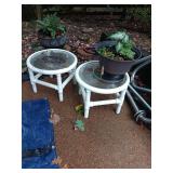 Two white bamboo glass top tables 21x16 needs cleaned