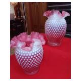 Fenton Cranberry to White Hobnail 6" vases