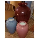Cranberry Vase 28X15 And two ceramic vases , blue and mauve , 16 x10