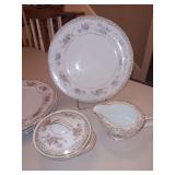 Noritake China Somerset Pattern 4 dinner plates(some gold rubbing off) and a cream and sugar bowl