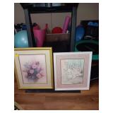 White framed Bunny picture 22.5x25.5 and Floral picture 24x29