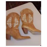 Tan 9 West butterfly leather cowboy boots.