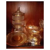 Iridescent Marigold Carnival Saucer and 5.5 Bowl with MCM Covered Jar
