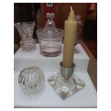 Grouping up crystal and glassware. Dresser bowls, vases and candlestick