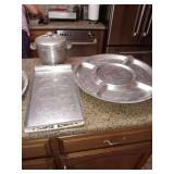 4 piece Floral Aluminum set.  18.5" Lazy Susan.  20" Round and rectangular 20x10" Platter and Ice Bucket