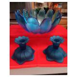Blue Satin Candleholders and Blue 11" Indiana Lotus Flower Bowl..