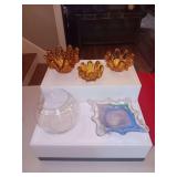 3 Amber, 1 multi colored art glass piece and vase