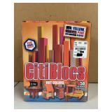Box of CitiBlocs wooden building blocks….there are actually a little over 50 in the box of red, pink and yellow